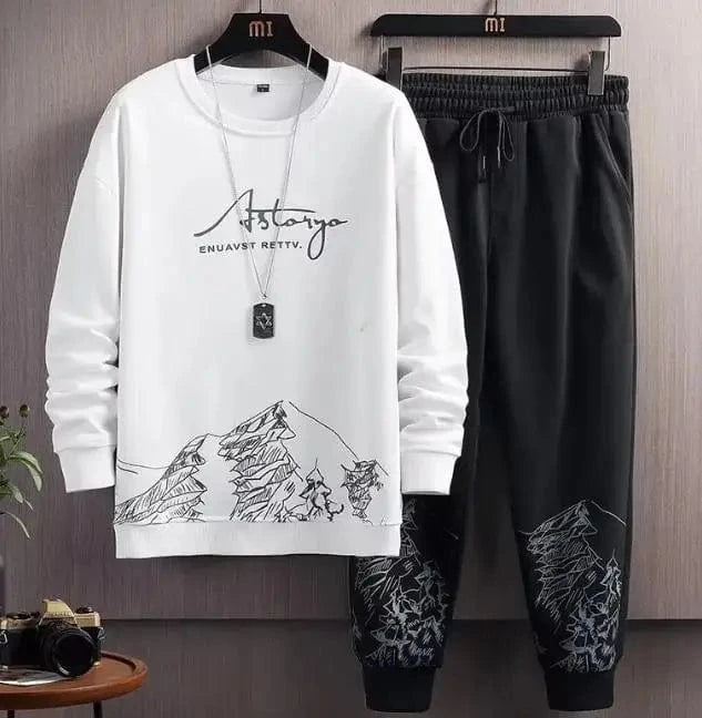 M-5XL Men Youth Printed O-neck Sweatshirt Tops + Long Pants Trackauits Sportswear 2 Piece Set Spring Autumn Casual Suit