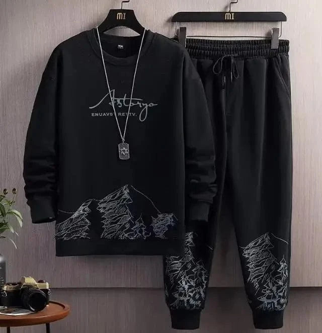 M-5XL Men Youth Printed O-neck Sweatshirt Tops + Long Pants Trackauits Sportswear 2 Piece Set Spring Autumn Casual Suit