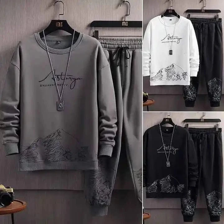 M-5XL Men Youth Printed O-neck Sweatshirt Tops + Long Pants Trackauits Sportswear 2 Piece Set Spring Autumn Casual Suit