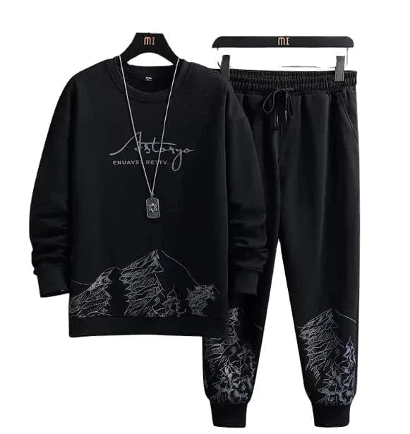 M-5XL Men Youth Printed O-neck Sweatshirt Tops + Long Pants Trackauits Sportswear 2 Piece Set Spring Autumn Casual Suit
