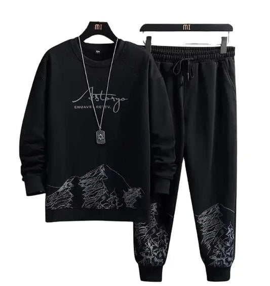 M-5XL Men Youth Printed O-neck Sweatshirt Tops + Long Pants Trackauits Sportswear 2 Piece Set Spring Autumn Casual Suit