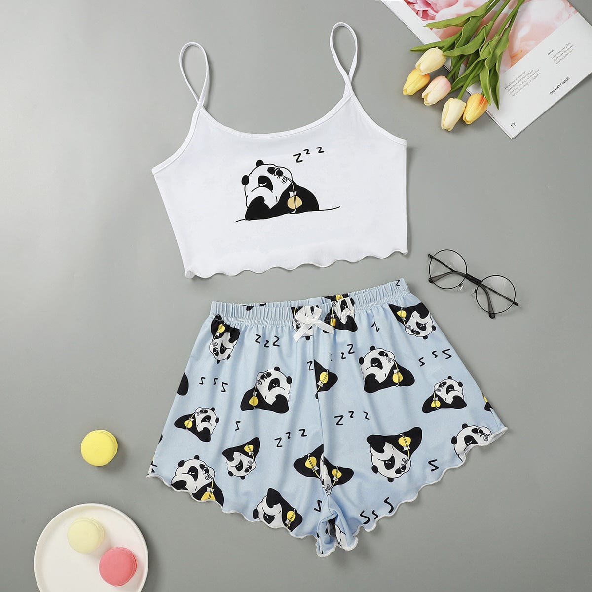 M / 9339 Ecowalson New Style Fashion Lady s Summer Coffee Print Camisole With Avocado Color Shorts Pajama Set Home Wear Sleepwear Underwe