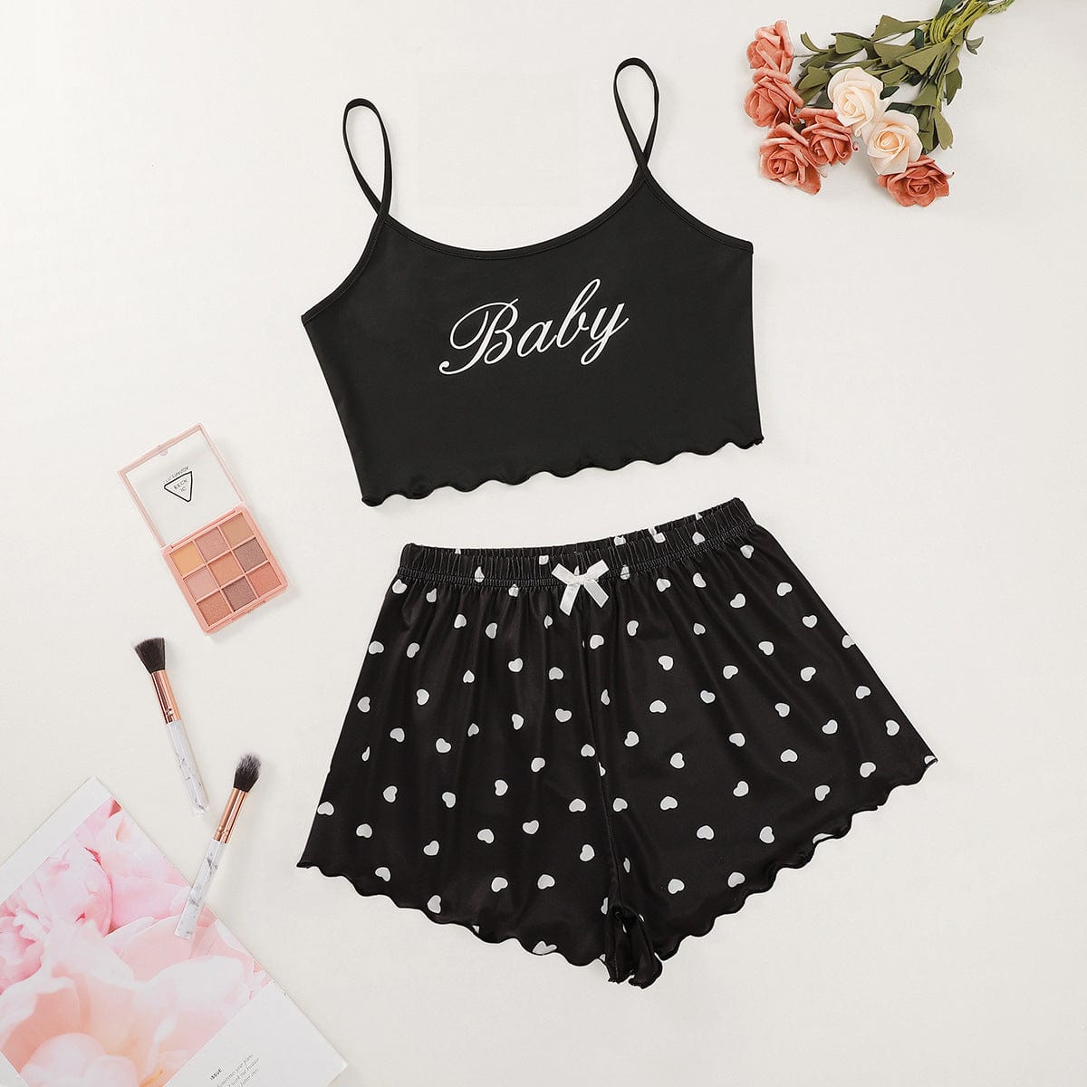 M / 9357 Ecowalson New Style Fashion Lady s Summer Coffee Print Camisole With Avocado Color Shorts Pajama Set Home Wear Sleepwear Underwe