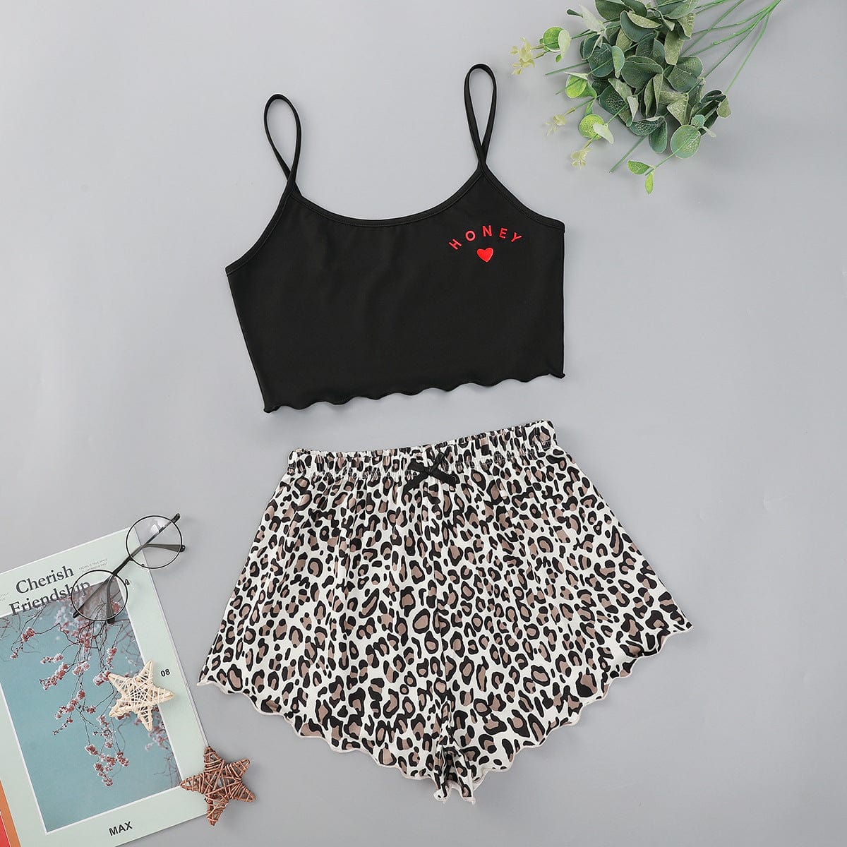 M / 9412 Ecowalson New Style Fashion Lady s Summer Coffee Print Camisole With Avocado Color Shorts Pajama Set Home Wear Sleepwear Underwe