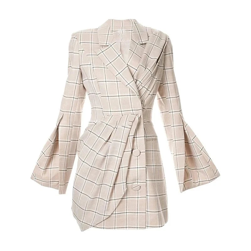 M / apricot CHICEVER Elegant Colorblock Plaid Patchwork Single Breasted Lady Dresses Women Blazer Dress