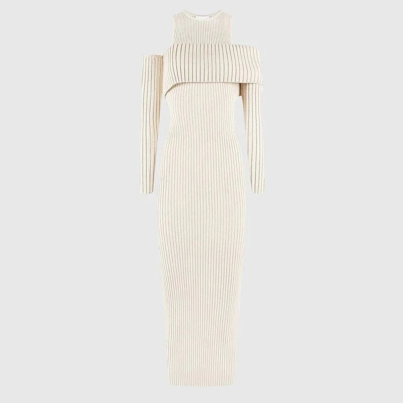 M / apricot CHICEVER Fashionable Long Sleeve Round Neck Slim High Waist Knit Long Dresses For Women