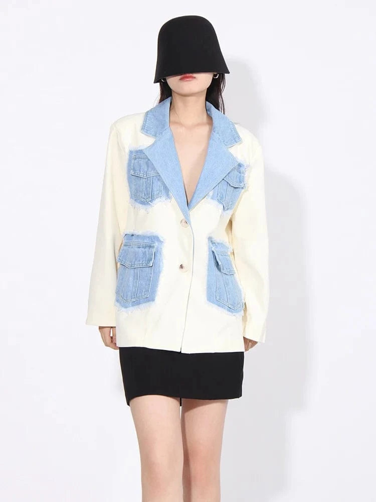 M / apricot CHICEVER Notched Collar Long Sleeve Spliced Pocket Winter Denim Jackets For Women