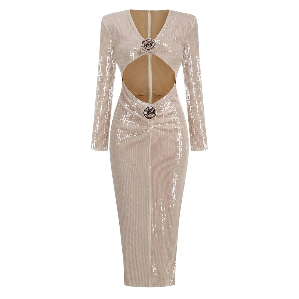 M / Apricot Girls Clothes Elegant Red Hollow Out Dress Sequined Sexy Party Ladies Maxi Dresses For Women