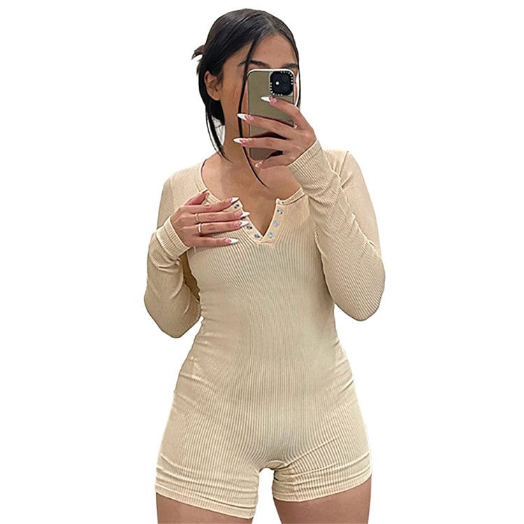M / Apricot Sexy Solid Ribbed Bodycon Romper Spring Outfit For Women 2023 Long Sleeve O Neck Sports One Pieces Female Playsuit
