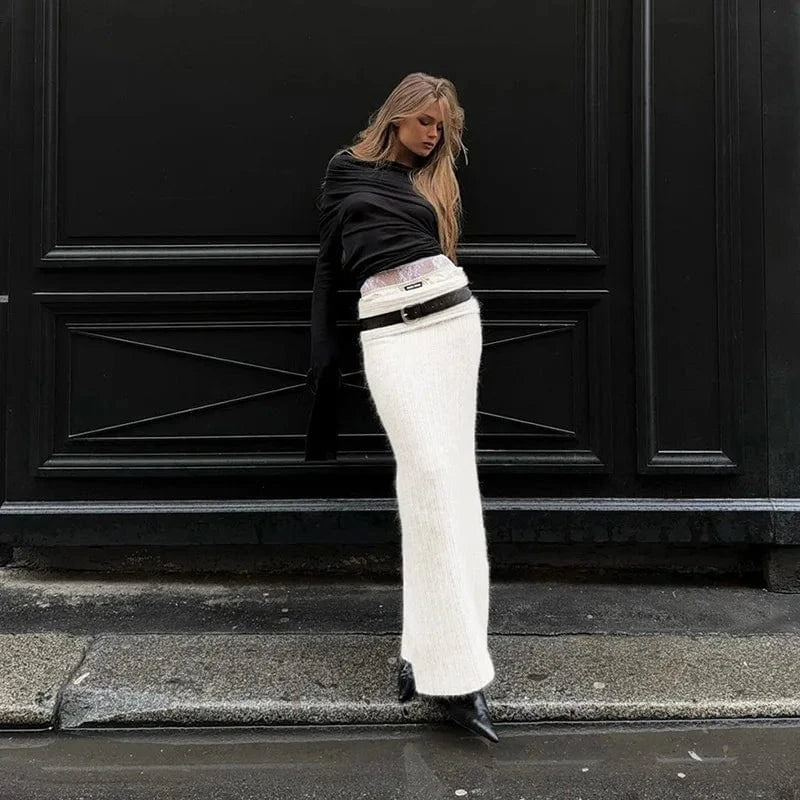 M / Apricot skirt Liu Ming New 2024 Products Women Sexy Two Piece Off Shoulder Tops Bodycon Long Skirt Casual Outfit