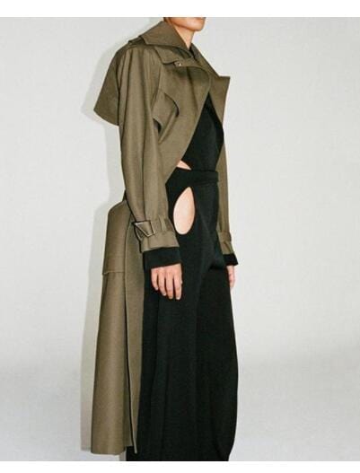 M / Army Green Getspring Women Trench Coat Patchwork Bandage Hollow Out Khaki Windbreaker Irregular Vintage Long Autumn Winter Overcoat 2022