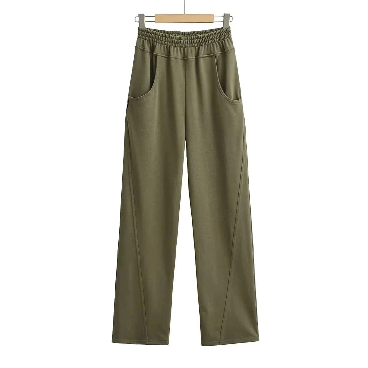 M / Army Green High Quality Cotton Terry Loose Ladies Sweatpants Panel Front Leg Back Pocket Elastic Waistband Female Trousers Joggers Women