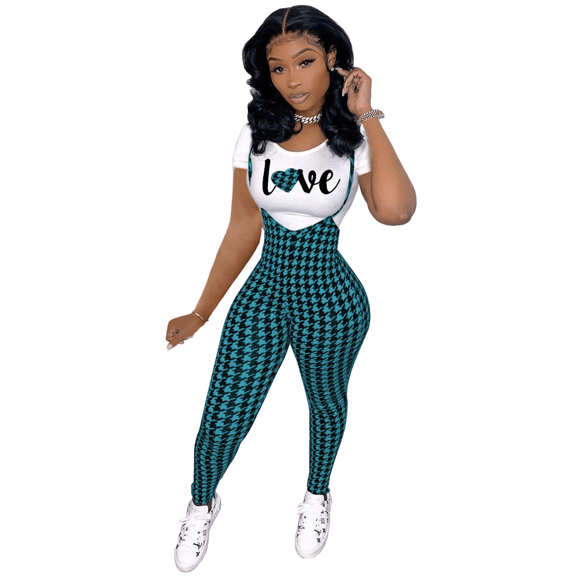 M / Army Green Trendy Women Clothes Valentine's Day Cute Sexy Printed Short Sleeve Shirt Bodycon Plaid Straps Jumpsuit 2pcs