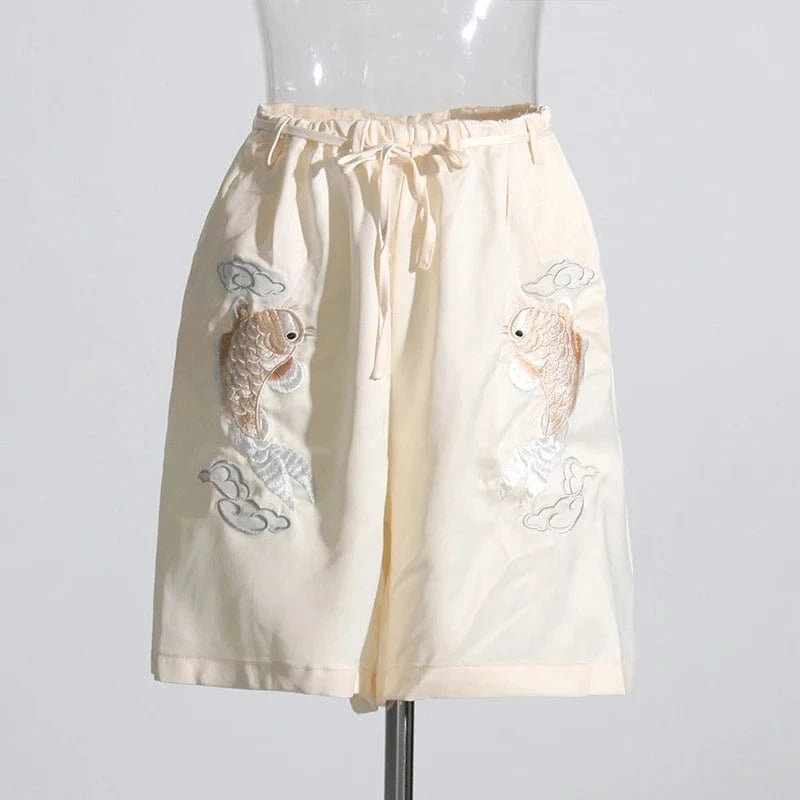 M / AS PICTURE CHICEVER Fashionable High Waist Short Sleeve Embroidery Pattern 2 Piece Set For Women