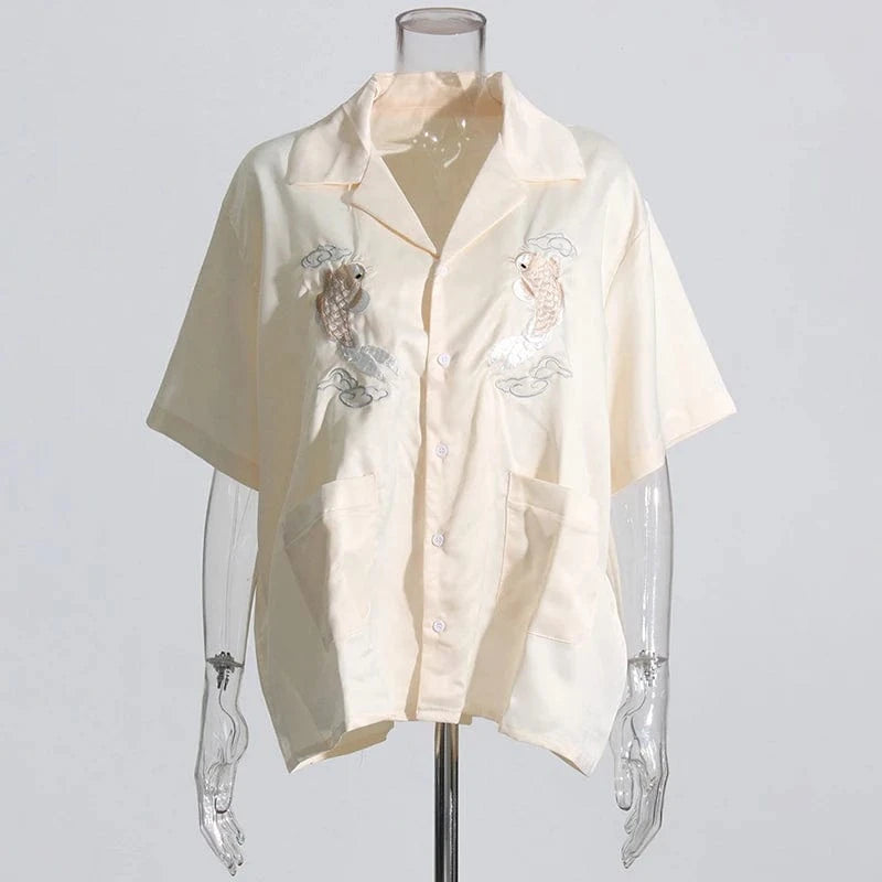 M / AS PICTURE CHICEVER Fashionable High Waist Short Sleeve Embroidery Pattern 2 Piece Set For Women