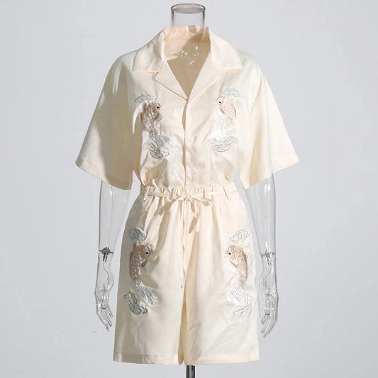 M / AS PICTURE CHICEVER Fashionable High Waist Short Sleeve Embroidery Pattern 2 Piece Set For Women