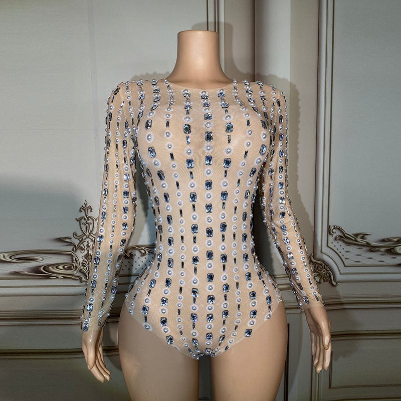 M / as picture Novance Y2902 Sparkly Diamond Mesh Catsuit Latex Bodysuit Performance Wear Latin Dance Party Bodycon One Piece Jumpsuit