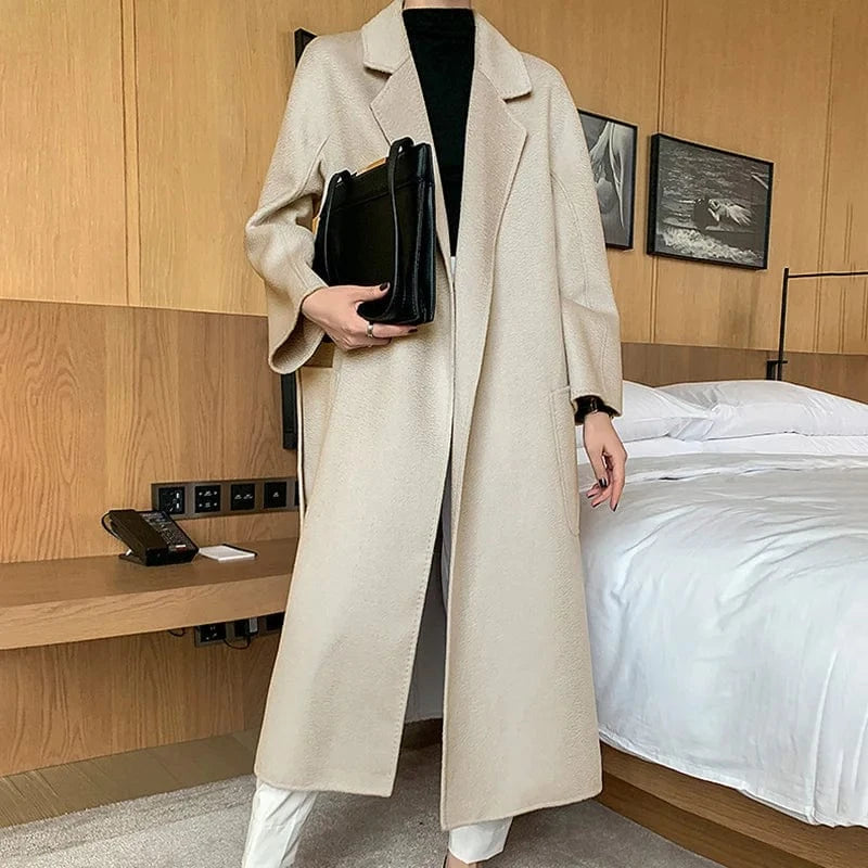 M / Beige 2023 New Arrival Women's 100% Genuine Wool Coats Classic Great Quality Wool Overcoat
