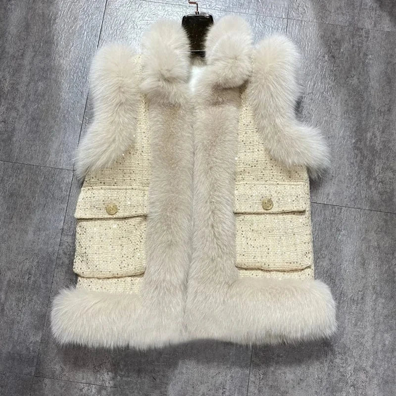 M / Beige 2023 New Arrival Wool Gilets Coats For Ladies Fashion Vest Cashmere Real Fur Coat