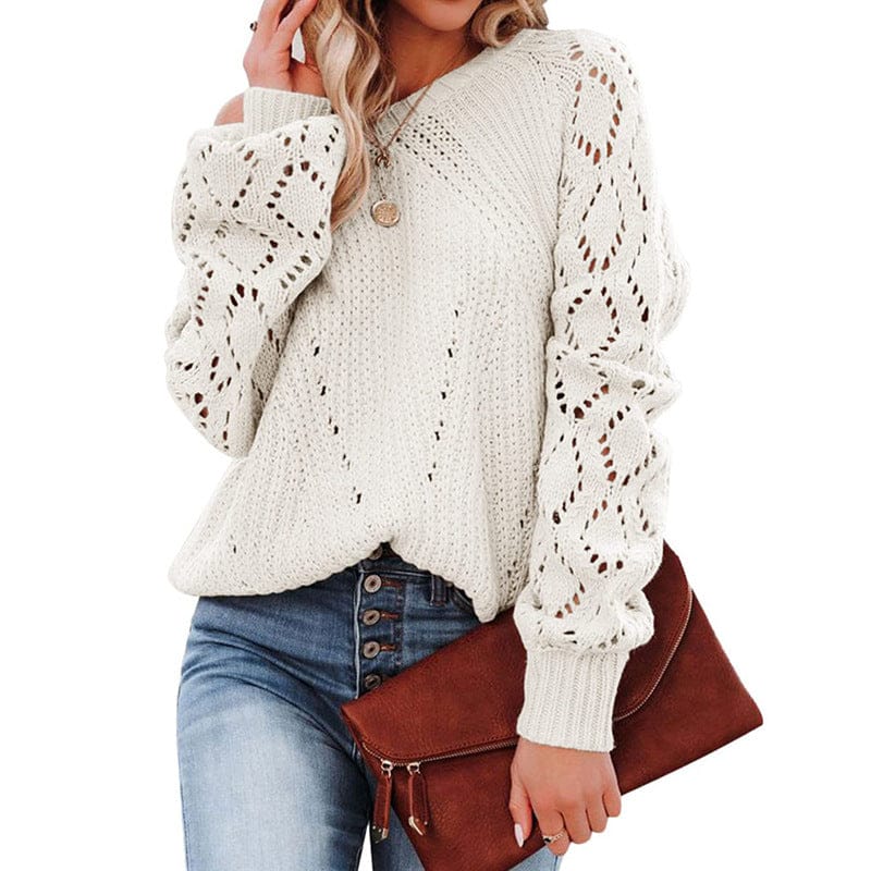M / Beige 2023 New Autumn Women Fall Long Solid Color Puff Hollow Out Sleeve Pullover Sweaters Plus Size Chenille Tapestry Sweaters Tops