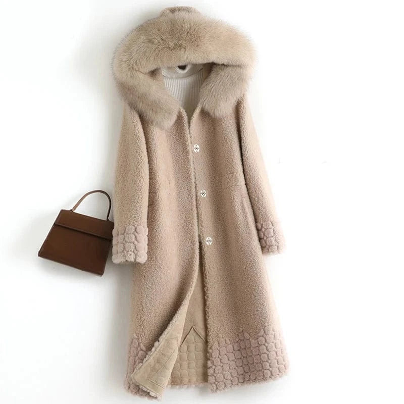 M / Beige A50084 Pudi women real wool fur coat jacket trench with fox fur collar winter warm female sheep shearing over size parkar coats