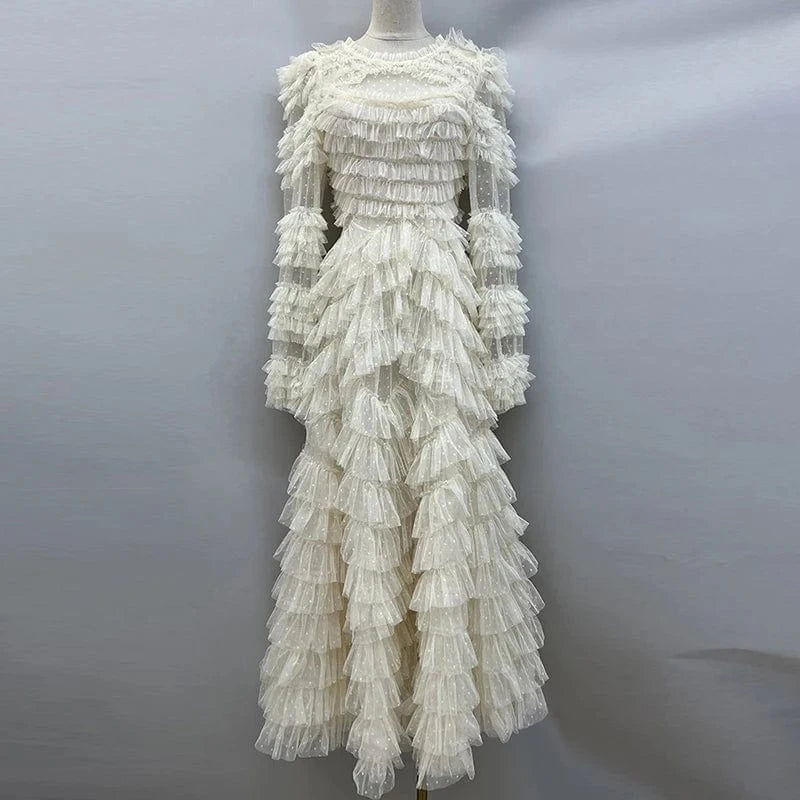 M / Beige CHICEVER Temperament Patchwork Mesh Long Sleeve Dresses Woman Long Bodycon Dress