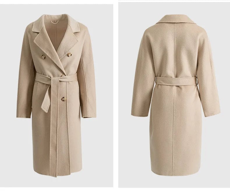 M / Beige Double Breasted Cashmere Coat Elegant Belted Water Ripple Wool Coats Women