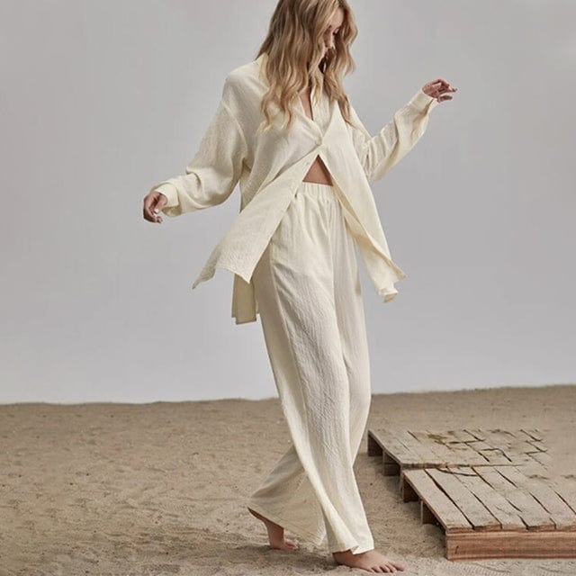 M / Beige Elegant Loose Women Shirt Trouser Suits Long Sleeve Lapel Shirts And Elastic High waist Pants 2 Pieces Set Fashion Office Outfit