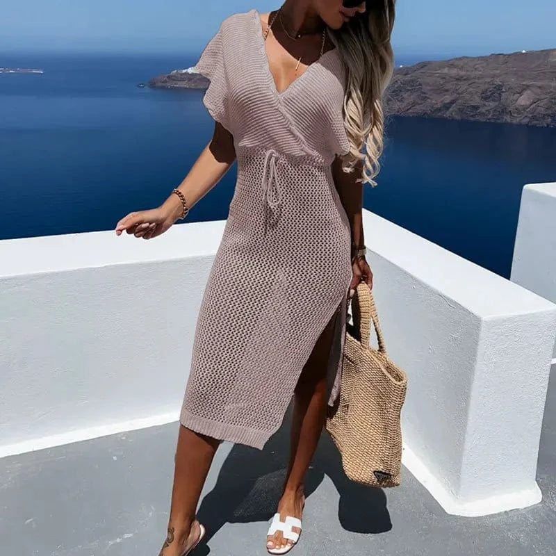 M / Beige Fashion Women Sexy Flounce Sleeve Dresses Hollow Out Knit Crochet Cover Up BeachBikini 2023