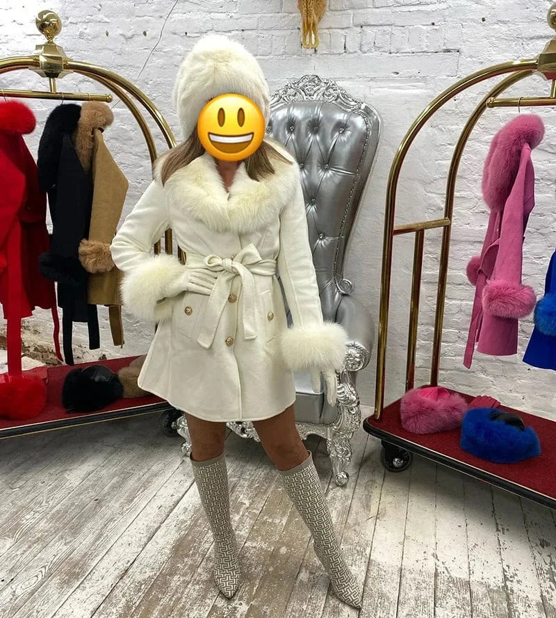 M / Beige Handmade Luxury Real Fox Fur Collar Cuffs Cashmere Coats Women Single Breasted Buttons Wool Coat