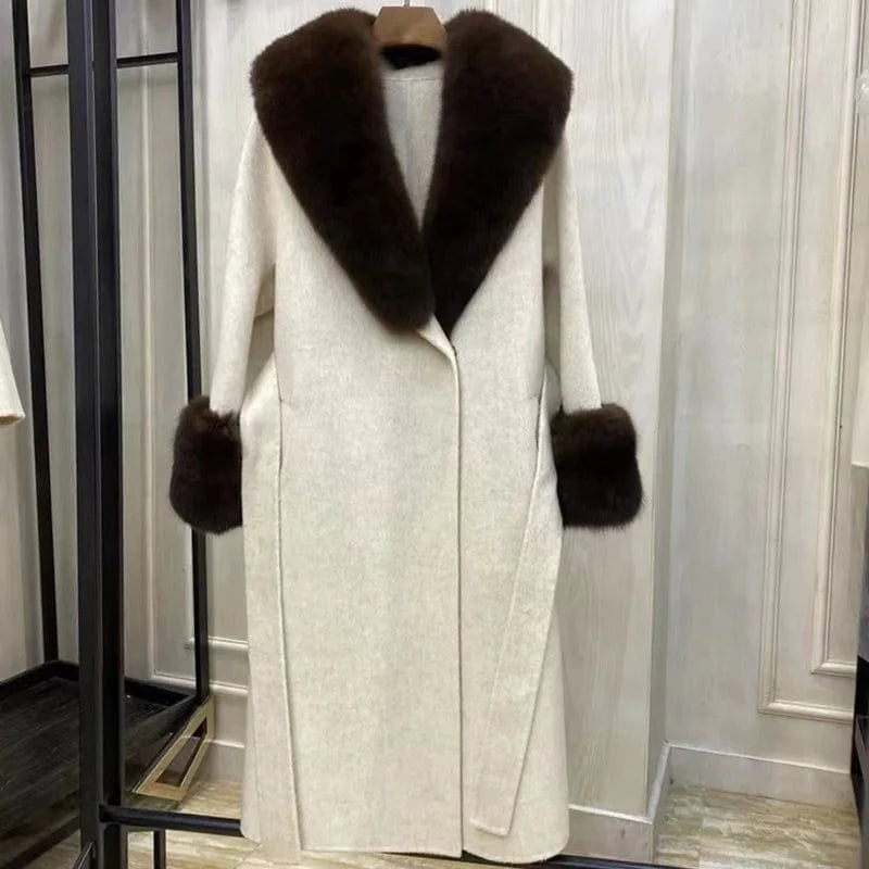 M / Beige High Quality Winter Warm Solid Long Wool Trench Coat Women Cashmere Coat with Fox Fur Collar Cuffs