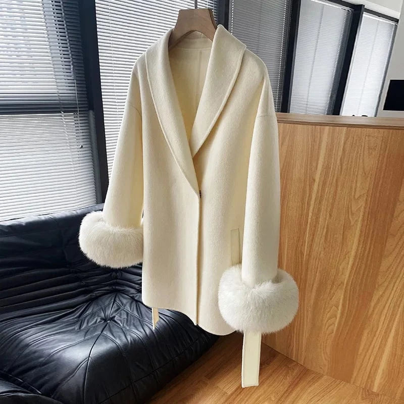 M / Beige Jancoco Luxury Fox Fur Cuffs Long Alpaca Wool Coat Winter Women Real Cashmere Wool Coat