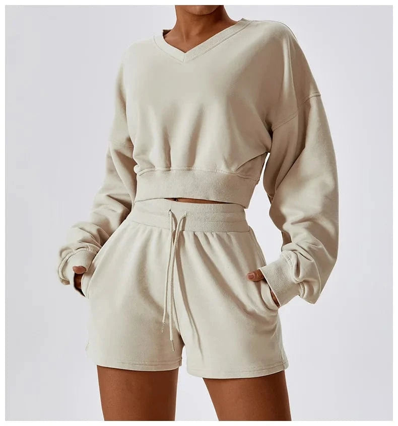 M / Beige LULUXIXIYAYA Cotton Sport wear suits custom logo cotton oversized V neck hooded sweatshirt Women Fall two piece shorts sets