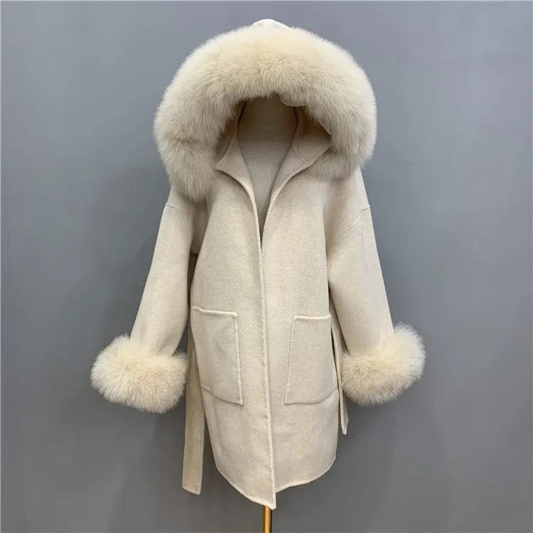 M / Beige New Design Double Loose Size Wool Coats Women Cashmere Coat With Fur Fox Hood
