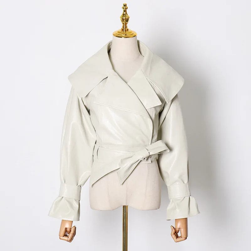 M / Beige OUDINA Wholesale New Fashionable Motorcycle Large Lapel Bow Tie Design Short Women's Leather Jacket