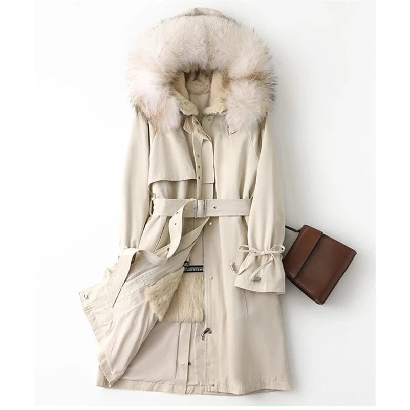 M / Beige PUDI Liner Fox Collar Blet Coat Jacket 41646 Real Fur Parka Trench Winter Warm Rabbit Fur Women Female Long Thick Crocheted Dyed
