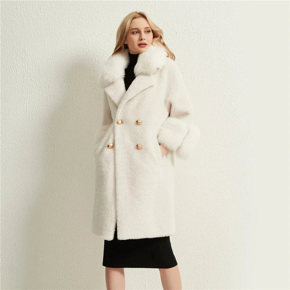 M / Beige Pudi women real sheep fur coat jacket female winter warm fox fur collar jackets parka trench H625