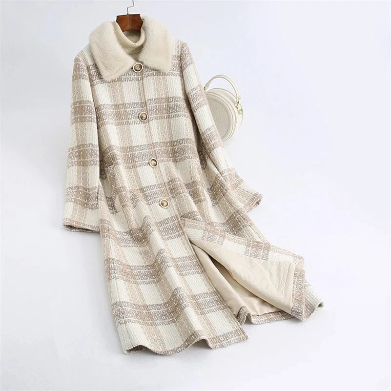 M / Beige Pudi Women Winter Real Mink Fur Coat Jacket Ins Hot Lady Over Size LONG Wool Blends Parka Trench Z21010