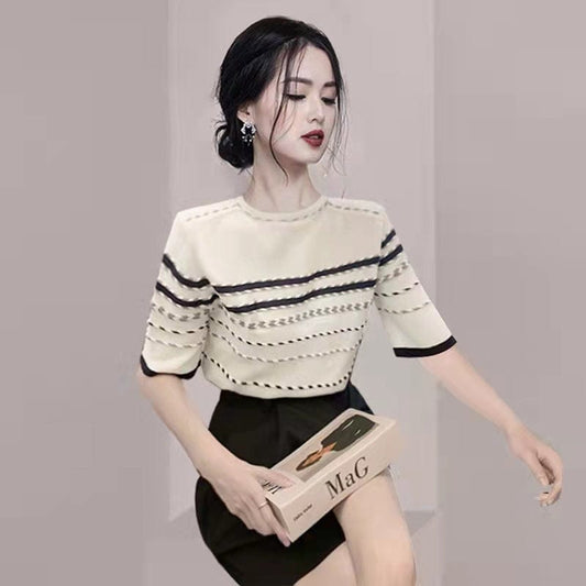 M / Beige Retro High-Grade French Striped Shirt 2022 Summer New Design Sense Western Style Women's Clothing Top