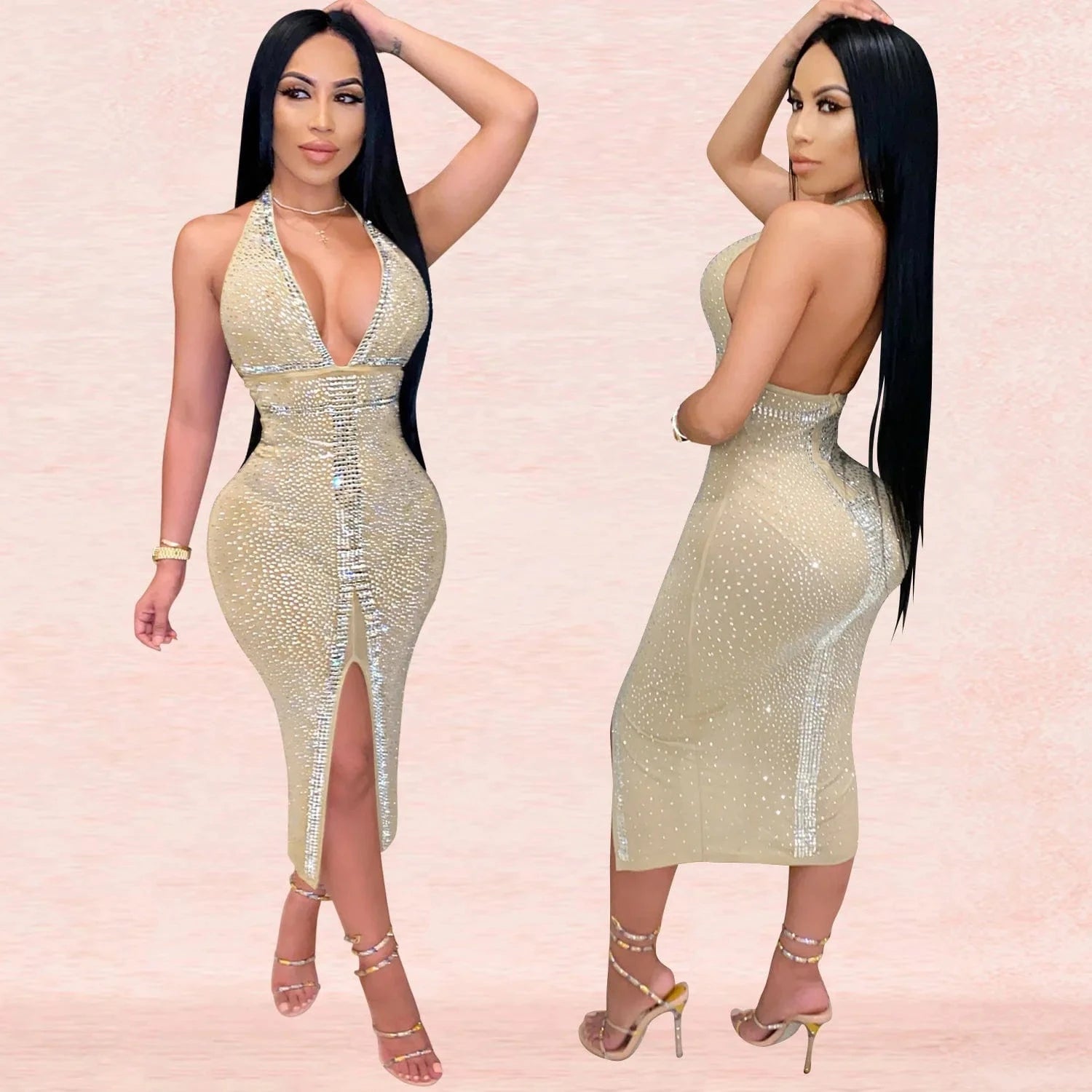 M / Beige Sexy New Spring Summer Halter Sequined Slit Skinny Midi Dress Fashion Women Hot Sheer Layer Backless Night Club Dress