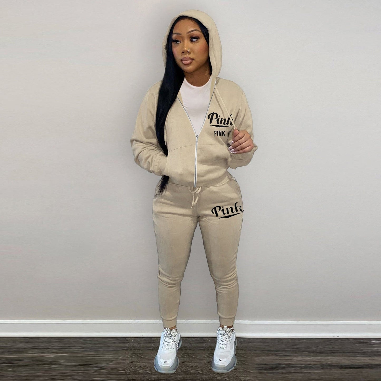M / Beige Trendy Women Clothes Women's Fashion Printed Sweatshirt Hoodie 2 Piece Pant Set