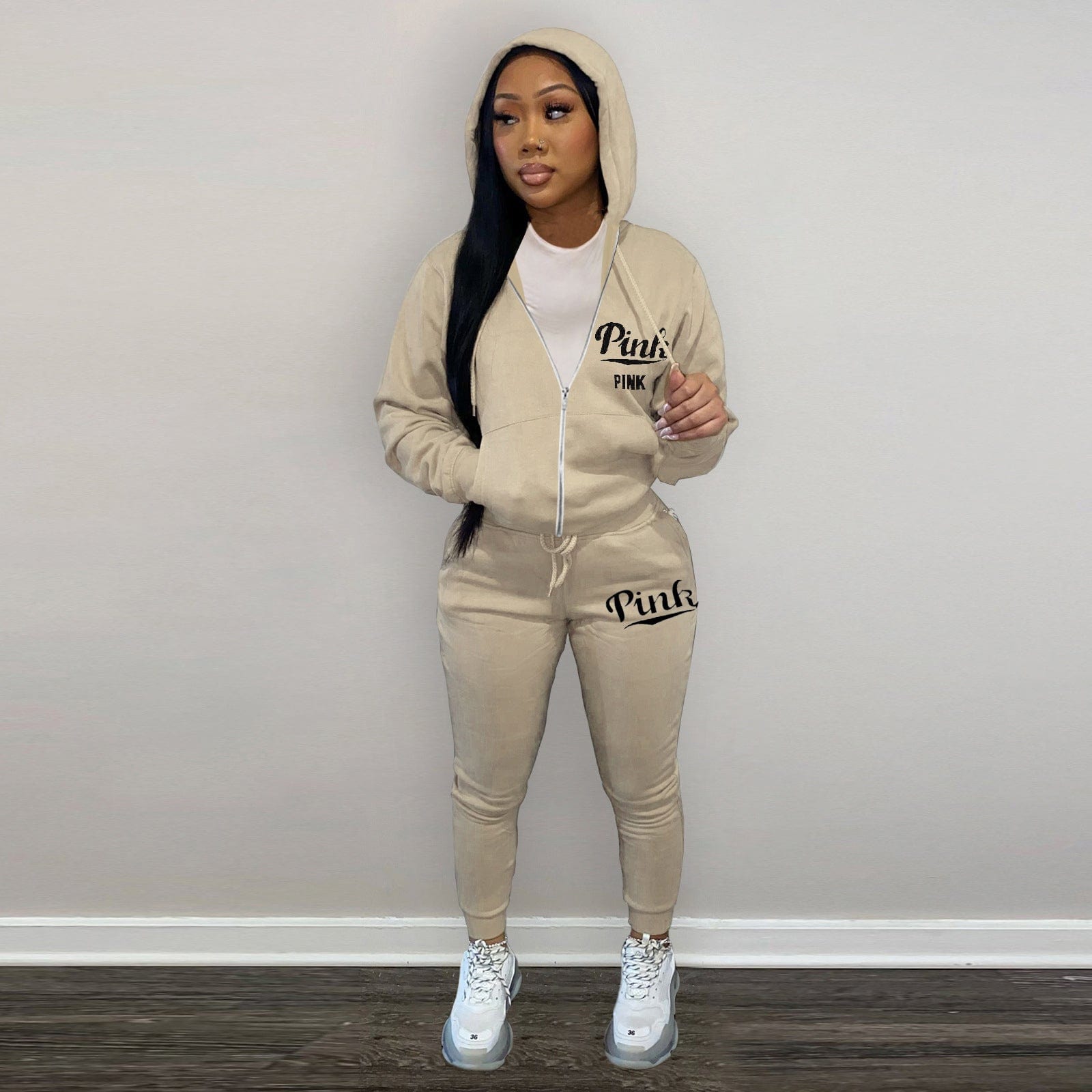 M / Beige Trendy Women Clothes Women's Fashion Printed Sweatshirt Hoodie 2 Piece Pant Set