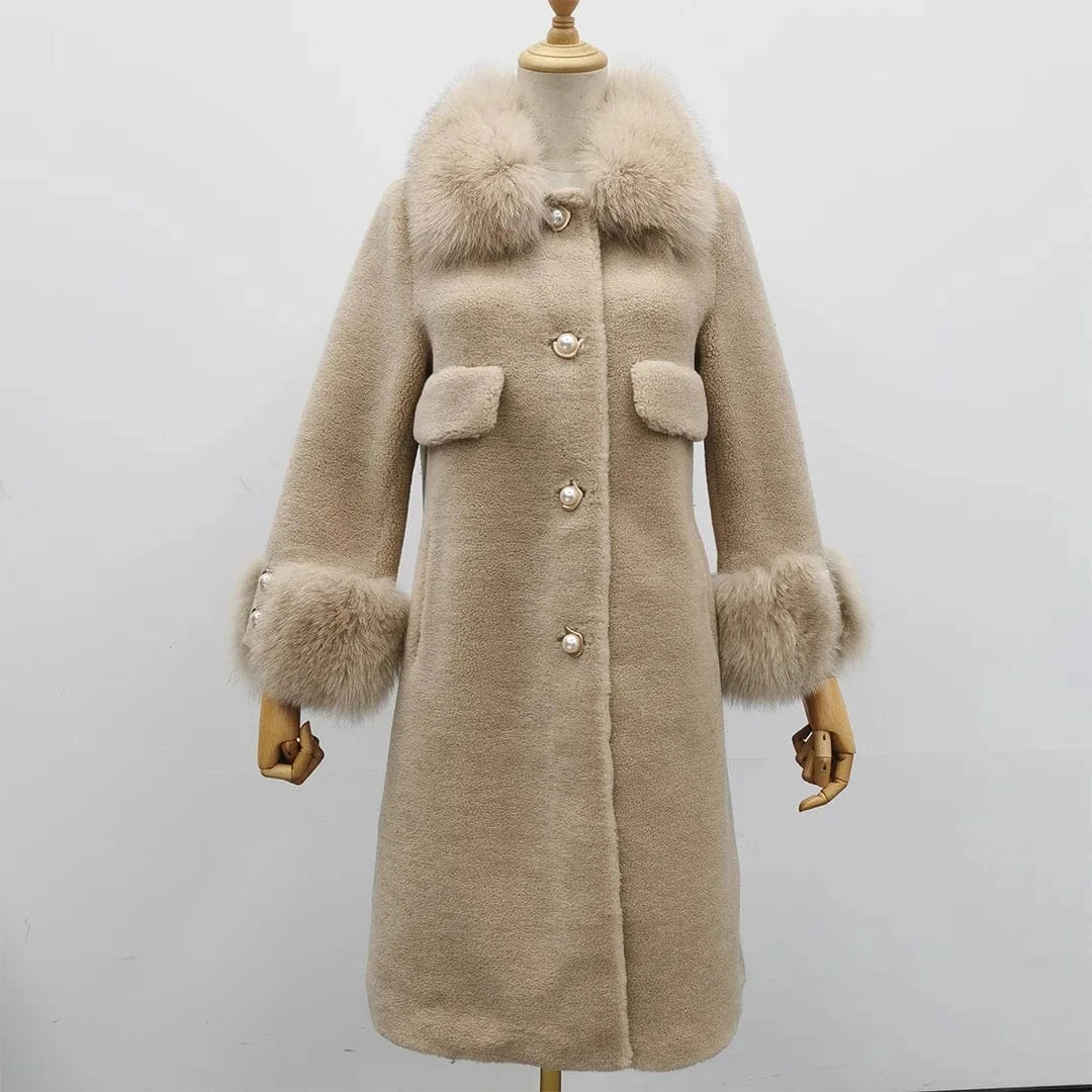 M / Beige Winter warm genuine fox fur collar and cuff women real sheep shearling coat