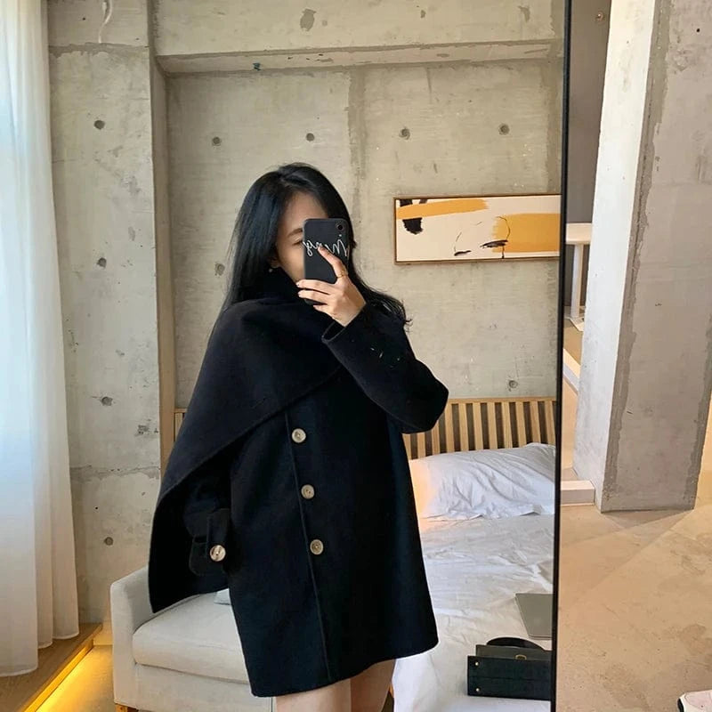 M / Black 2022 New Design Single Button Wool Shawl Mid-Length Womens Cashmere Wool Coats