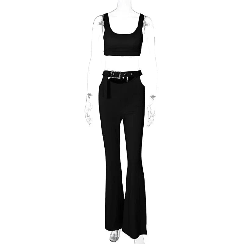 M / Black 2023 Autumn Fashion Womens Two Piece Sets Solid Color Crop Top Tight Flared Trousers Women Sports Outfits