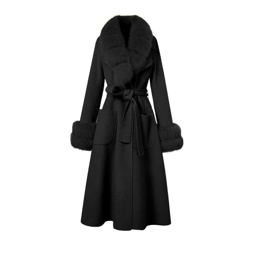 M / Black 2023 Fashionable Winter Wool Coats With Fox Fur Collar Long Loose Women Wool Coats