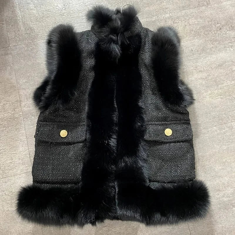 M / Black 2023 New Arrival Wool Gilets Coats For Ladies Fashion Vest Cashmere Real Fur Coat