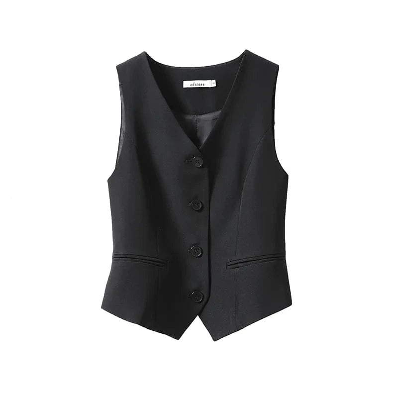 M / Black 2023 Women New Fashion Jacket Short Small Spring Autumn Vest Button Pocket Jacket V-Neck Small Sleeveless Lady Waistcoat
