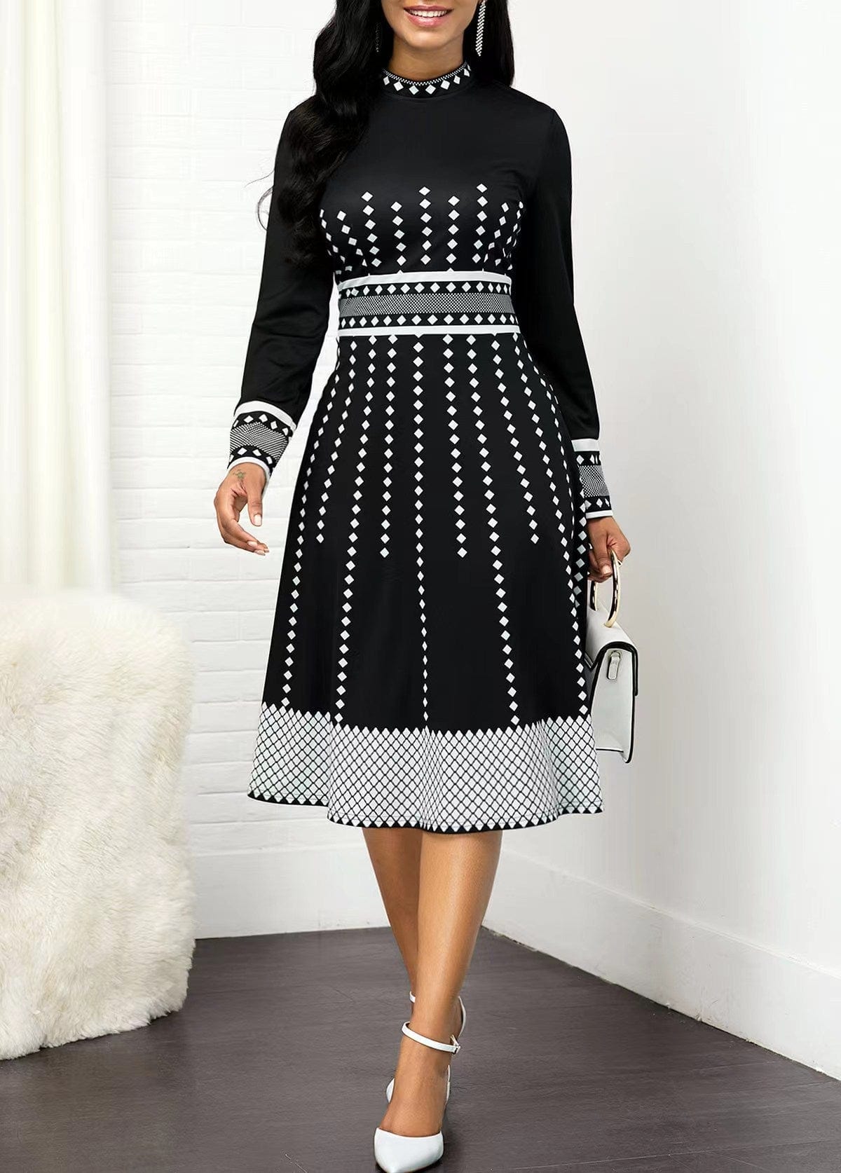 M / black 2023 Women's temperament polka dot printed long sleeve retro hip-wrapped A-line large swing slim midi dress