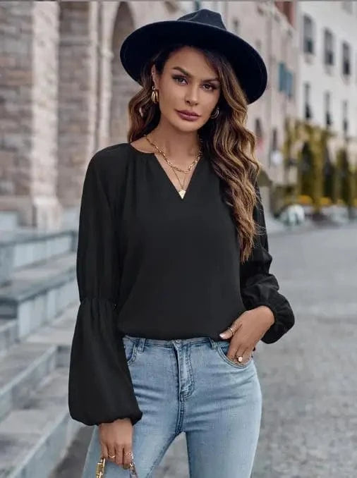 M / Black 2024 Autumn Winter Women Shirts Tops Solid Color V-Neck Women's Lace Ruffle Long Sleeve Fashion Loose Casual Blouse